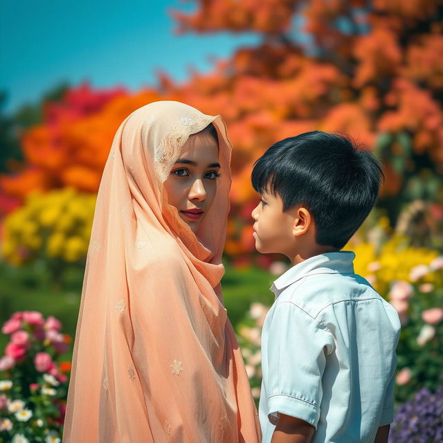 An emotionally charged scene capturing the love between a veiled girl and a high school boy standing apart, symbolizing their separation due to religious rules