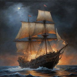 Una pintura al óleo, hacer un galeón Español de madera altamente detallado, con sus filas de cañones en los laterales, con varias velas desplegadas en un mar picado, tormentoso, siendo destruido por un pulpo gigantesco, con cielo nocturno, lluviosos, rayos y relámpagos, enredado su casco con tentáculos de un gran pulpo