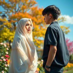 An emotionally charged scene capturing the love between a veiled girl and a high school boy standing apart, symbolizing their separation due to religious rules