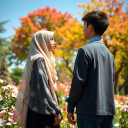 An emotionally charged scene capturing the love between a veiled girl and a high school boy standing apart, symbolizing their separation due to religious rules