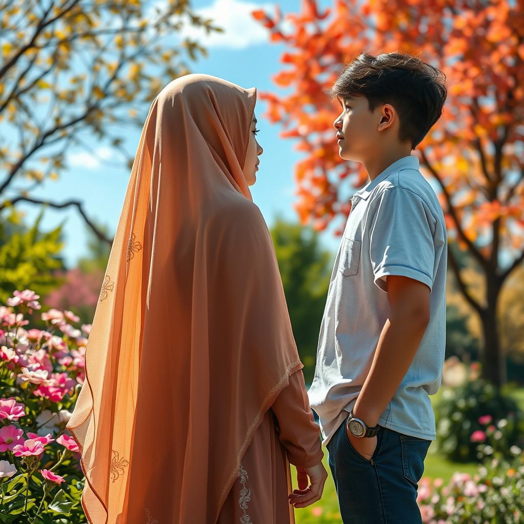 An emotionally charged scene capturing the love between a veiled girl and a high school boy standing apart, symbolizing their separation due to religious rules