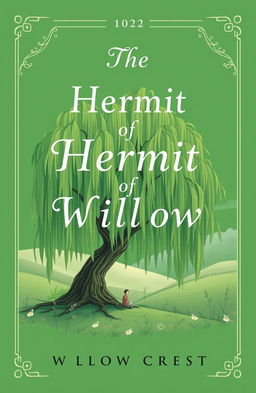 An emerald green book cover featuring the title "The Hermit of Willow Crest" elegantly displayed