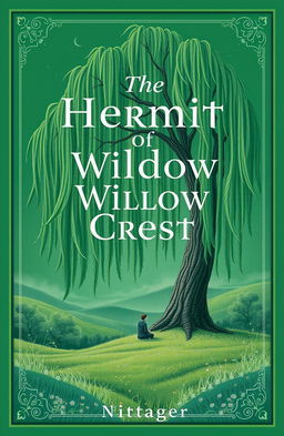 An emerald green book cover featuring the title "The Hermit of Willow Crest" elegantly displayed