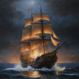 Una pintura al óleo, hacer un galeón Español de madera altamente detallado, con sus filas de cañones en los laterales, con varias velas desplegadas en un mar picado, tormentoso, siendo destruido por un pulpo gigantesco, con cielo nocturno, lluviosos, rayos y relámpagos, enredado su casco con tentáculos de un gran pulpo