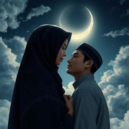 A poignant scene illustrating the love between a veiled girl and a man, both gazing longingly at each other yet separated by religious rules