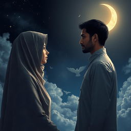 A poignant scene illustrating the love between a veiled girl and a man, both gazing longingly at each other yet separated by religious rules