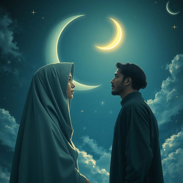 A poignant scene illustrating the love between a veiled girl and a man, both gazing longingly at each other yet separated by religious rules