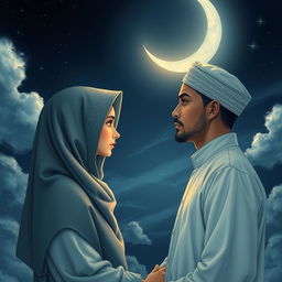 A poignant scene illustrating the love between a veiled girl and a man, both gazing longingly at each other yet separated by religious rules