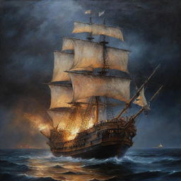 Una pintura al óleo, hacer un galeón Español de madera altamente detallado, con sus filas de cañones en los laterales, con varias velas desplegadas en un mar picado, tormentoso, siendo destruido por un pulpo gigantesco, con cielo nocturno, lluviosos, rayos y relámpagos, enredado su casco con tentáculos de un gran pulpo