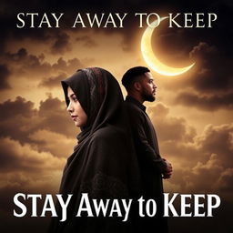 A captivating book cover titled 'Stay Away to Keep' featuring the love between a veiled girl and a man, who are poignantly separated by religious rules