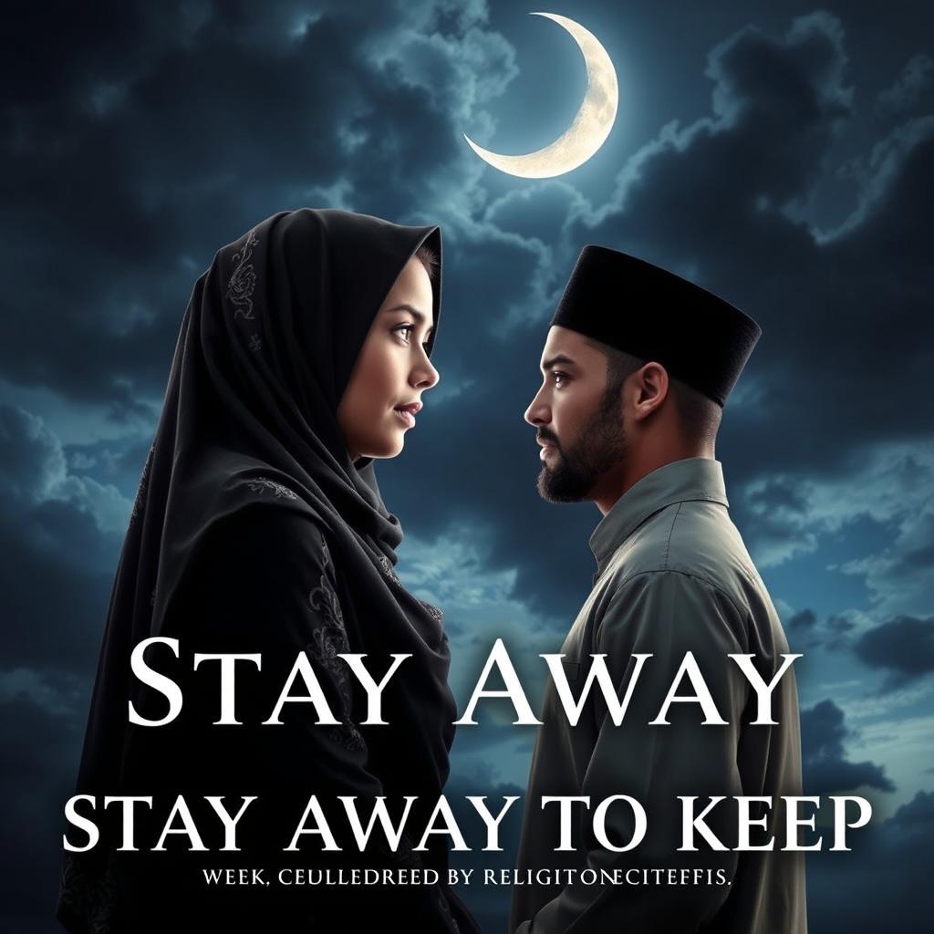 A captivating book cover titled 'Stay Away to Keep' featuring the love between a veiled girl and a man, who are poignantly separated by religious rules