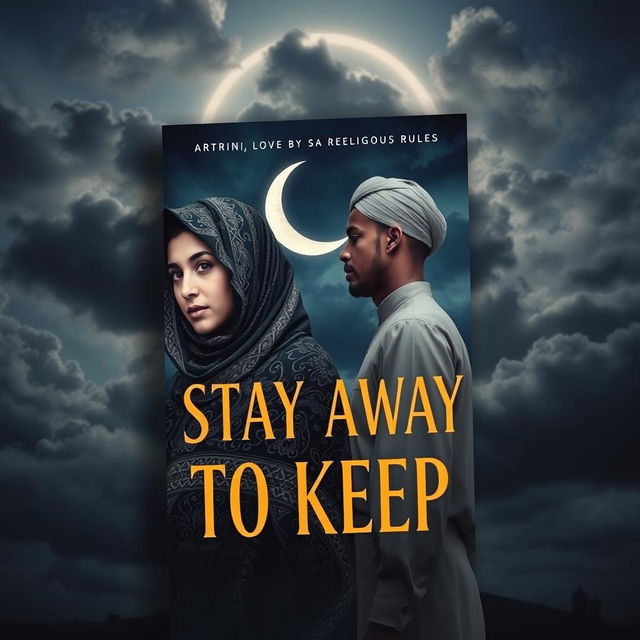 A captivating book cover titled 'Stay Away to Keep' featuring the love between a veiled girl and a man, who are poignantly separated by religious rules