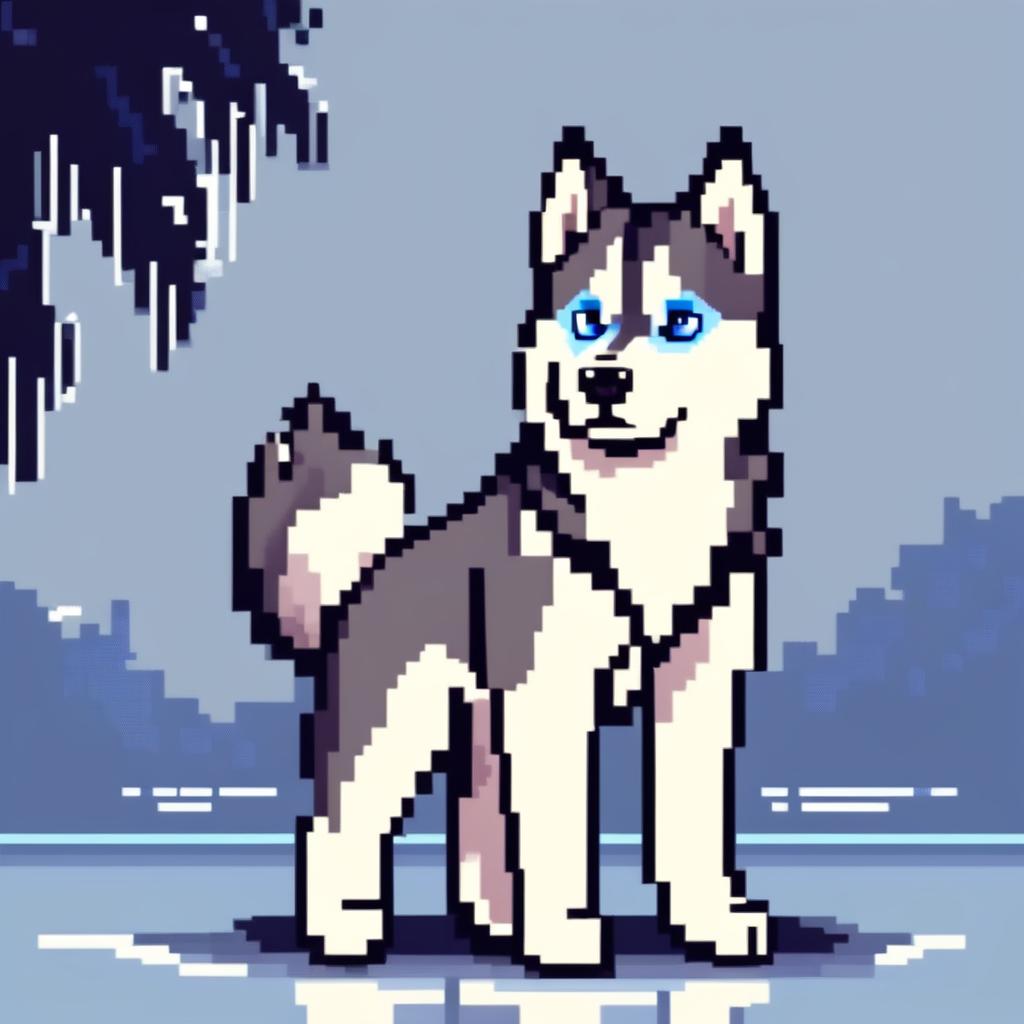 Pixel art PFP of a majestic Siberian Husky with a grey and white coat, piercing blue eyes, and a poised stance against a gradient icy blue background