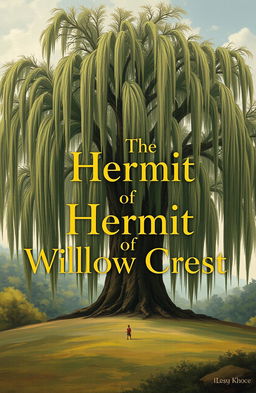 A serene landscape featuring a majestic willow tree, its long, drooping branches cascading down, painted in various natural earth colors and lush greens, creating a harmonious backdrop