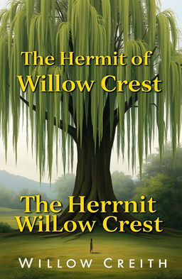A serene landscape featuring a majestic willow tree, its long, drooping branches cascading down, painted in various natural earth colors and lush greens, creating a harmonious backdrop