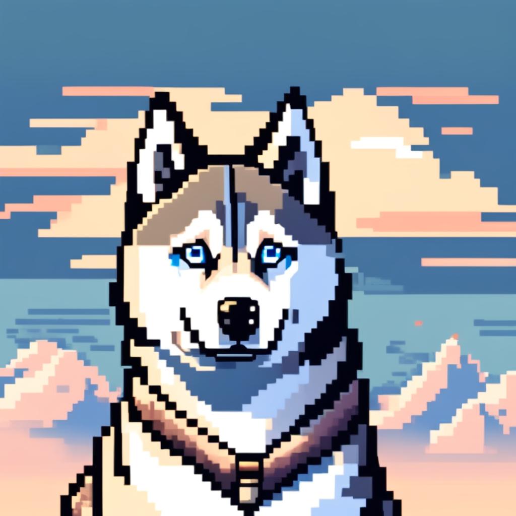 Pixel art PFP of a majestic Siberian Husky with a grey and white coat, piercing blue eyes, and a poised stance against a gradient icy blue background