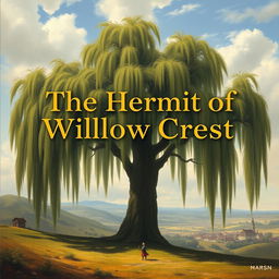 A serene landscape showcasing a majestic willow tree with long, drooping branches, painted in natural earth colors and lush greens