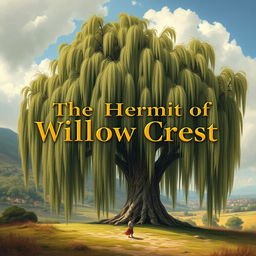 A serene landscape showcasing a majestic willow tree with long, drooping branches, painted in natural earth colors and lush greens