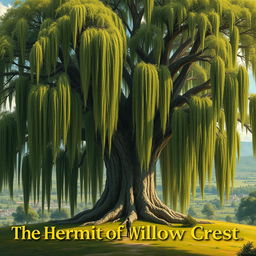 A breathtaking landscape dominated by a grand willow tree, its expansive, drooping branches showcasing vivid natural earth colors and rich greens
