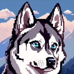 Pixel art PFP of a majestic Siberian Husky with a grey and white coat, piercing blue eyes, and a poised stance against a gradient icy blue background