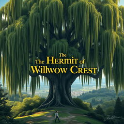 A breathtaking landscape dominated by a grand willow tree, its expansive, drooping branches showcasing vivid natural earth colors and rich greens