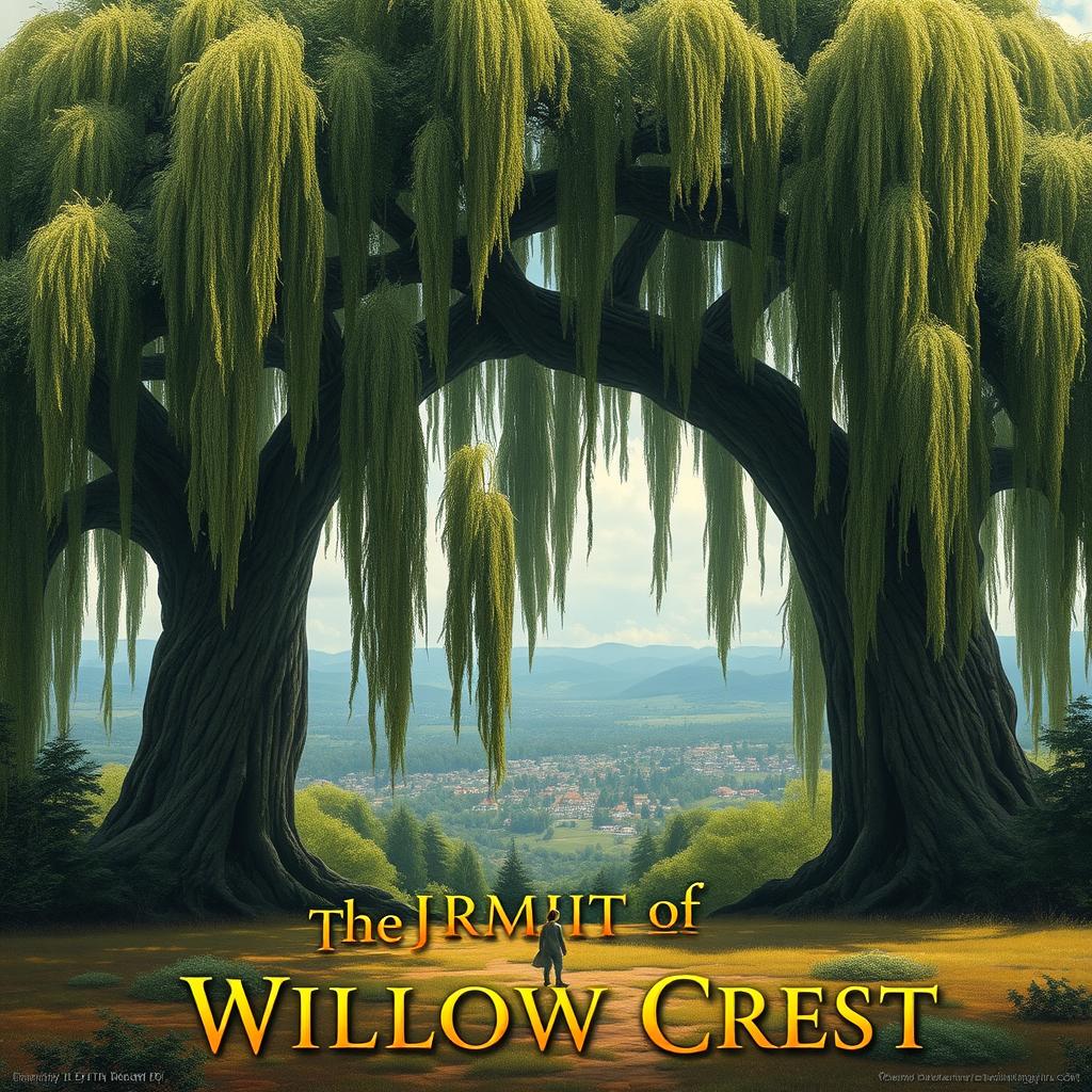 A breathtaking landscape dominated by a grand willow tree, its expansive, drooping branches showcasing vivid natural earth colors and rich greens