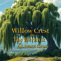 A breathtaking landscape dominated by a grand willow tree, its expansive, drooping branches showcasing vivid natural earth colors and rich greens