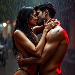 An erotic scene featuring an Indian female model resembling Sunny Leone, sensuous and nude, passionately making love to a male model