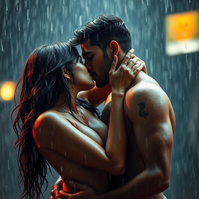 An erotic scene featuring an Indian female model resembling Sunny Leone, sensuous and nude, passionately making love to a male model