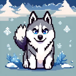 Pixel art PFP of a majestic Siberian Husky with a grey and white coat, piercing blue eyes, and a poised stance against a gradient icy blue background