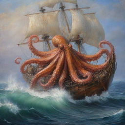 Una pintura al óleo, hacer un galeón Español de madera altamente detallado, siendo destruido por un pulpo gigantesco salido del mar