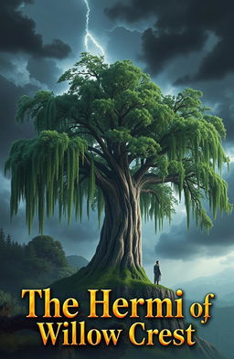 A captivating scene titled "The Hermit of Willow Crest" featuring a towering willow tree with sweeping branches and lush, vibrant greens