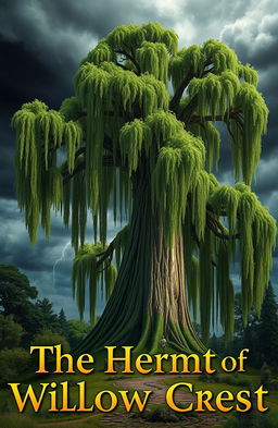 A captivating scene titled "The Hermit of Willow Crest" featuring a towering willow tree with sweeping branches and lush, vibrant greens