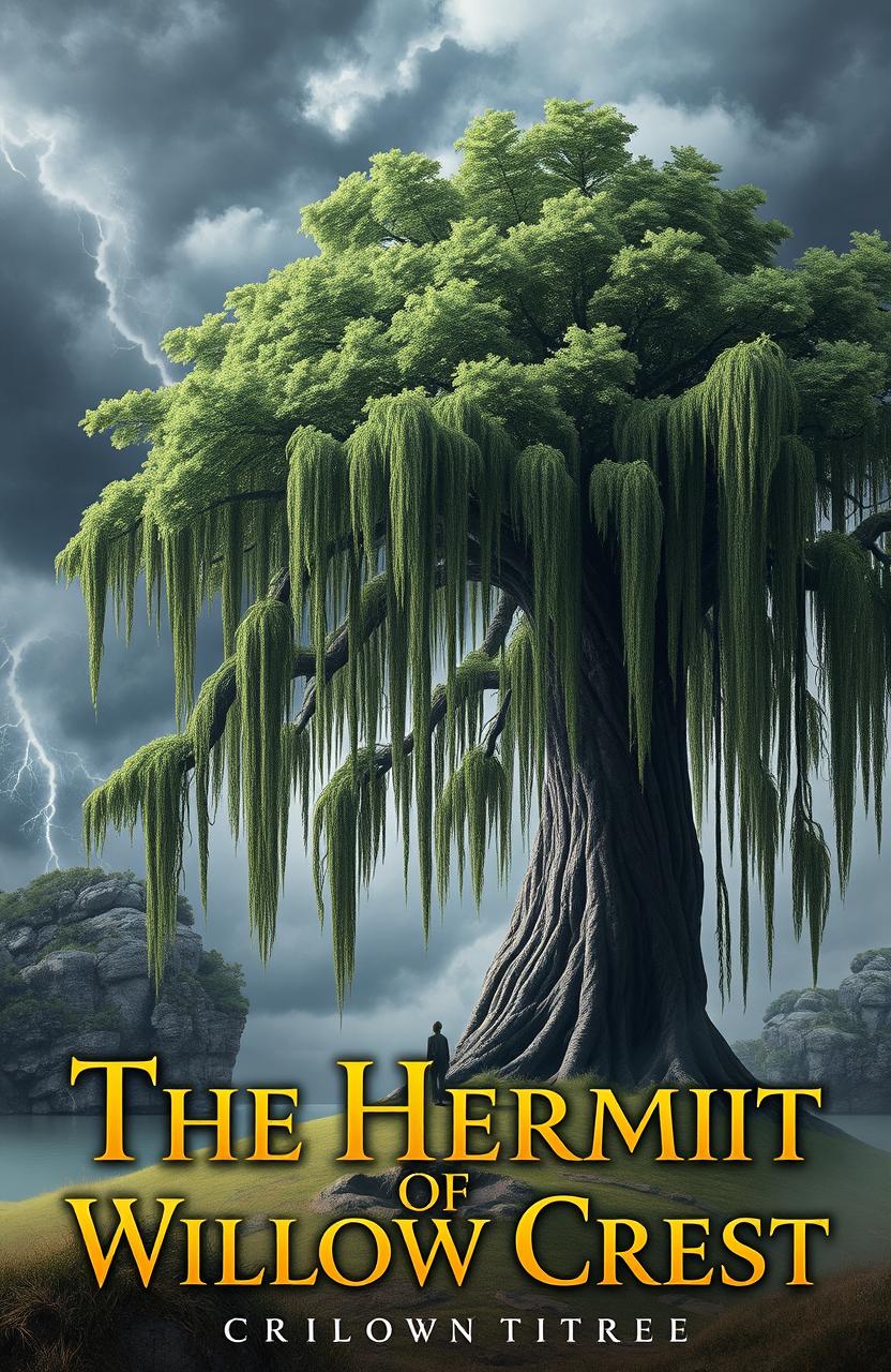 A captivating scene titled "The Hermit of Willow Crest" featuring a towering willow tree with sweeping branches and lush, vibrant greens