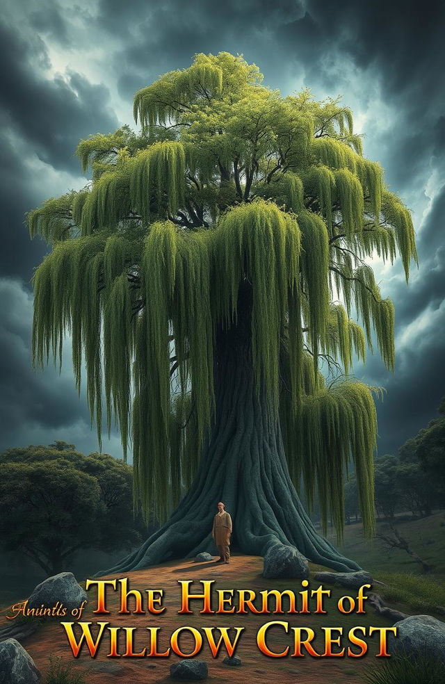 A captivating scene titled "The Hermit of Willow Crest" featuring a towering willow tree with sweeping branches and lush, vibrant greens