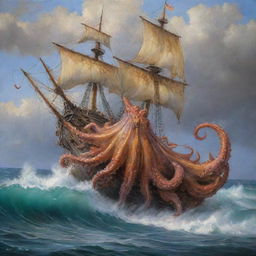 Una pintura al óleo, hacer un galeón Español de madera altamente detallado, siendo destruido por un pulpo gigantesco salido del mar