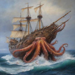 Una pintura al óleo, hacer un galeón Español de madera altamente detallado, siendo destruido por un pulpo gigantesco salido del mar
