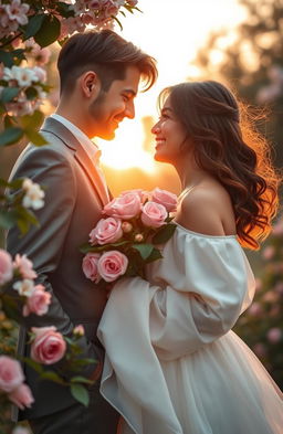 An enchanting scene depicting the essence of perfect love, featuring a couple in a serene park during a sunset, surrounded by blooming flowers and soft golden light