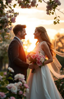 An enchanting scene depicting the essence of perfect love, featuring a couple in a serene park during a sunset, surrounded by blooming flowers and soft golden light