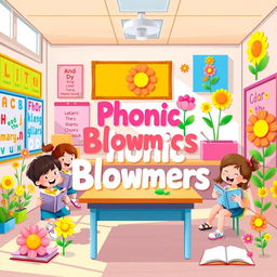 A playful and engaging illustration for 'Phonic Bloomers,' depicting a delightful classroom setting filled with eager children excitedly learning phonics