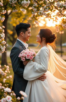 An enchanting scene depicting the essence of perfect love, featuring a couple in a serene park during a sunset, surrounded by blooming flowers and soft golden light