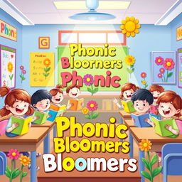 A playful and engaging illustration for 'Phonic Bloomers,' depicting a delightful classroom setting filled with eager children excitedly learning phonics