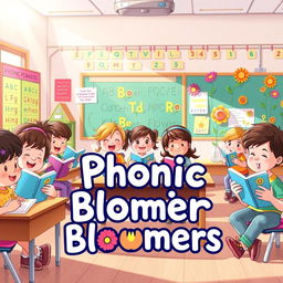 A playful and engaging illustration for 'Phonic Bloomers,' depicting a delightful classroom setting filled with eager children excitedly learning phonics