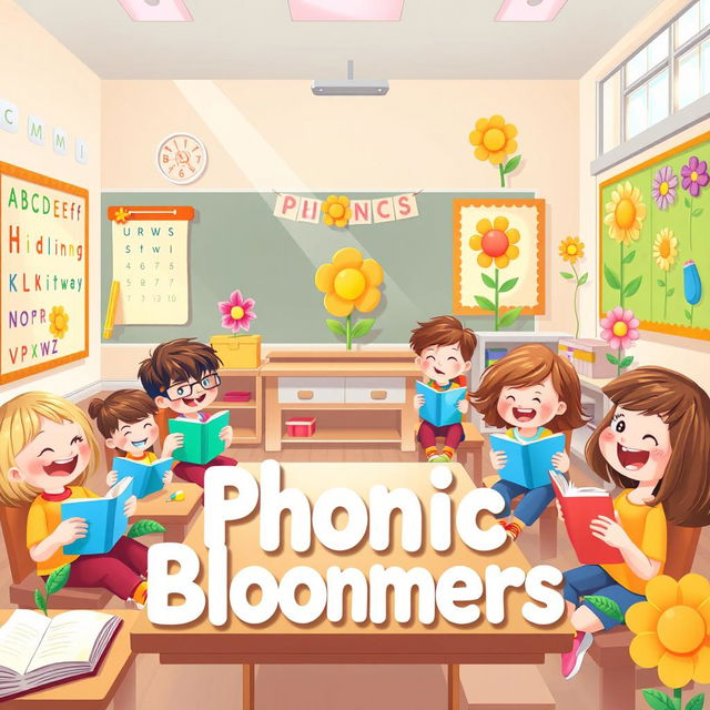 A playful and engaging illustration for 'Phonic Bloomers,' depicting a delightful classroom setting filled with eager children excitedly learning phonics