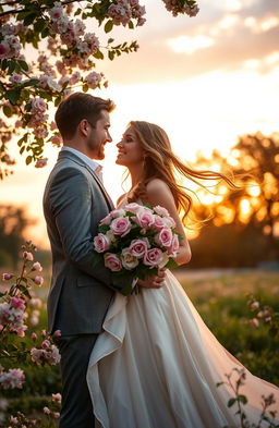 An enchanting scene depicting the essence of perfect love, featuring a couple in a serene park during a sunset, surrounded by blooming flowers and soft golden light