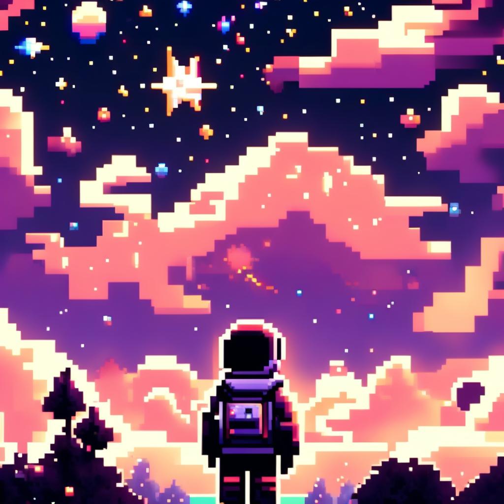 Pixel art profile picture featuring a cosmic space scene with the Milky Way, star-studded backdrop, and no people.