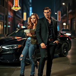 A dramatic and captivating scene of a mafia man and a college girl in an urban setting at night