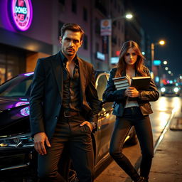A dramatic and captivating scene of a mafia man and a college girl in an urban setting at night