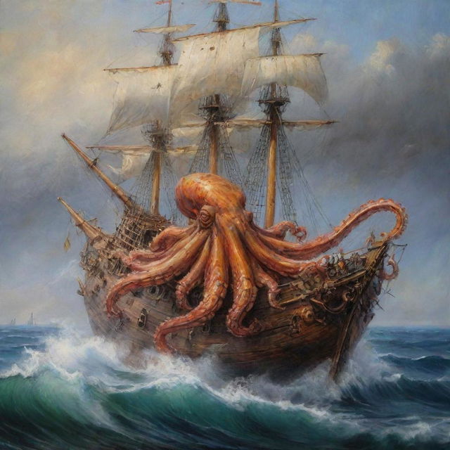 Una pintura al óleo, hacer un galeón Español de madera altamente detallado, siendo destruido por un pulpo gigantesco salido del mar