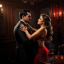 A seductive and intense mafia romance scene set in an opulent, dimly-lit room filled with rich decor and a vintage feel